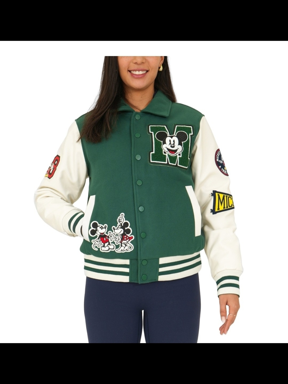 Mickey Mouse Green Varsity Jacket with Cream Sleeves Unisex S/M